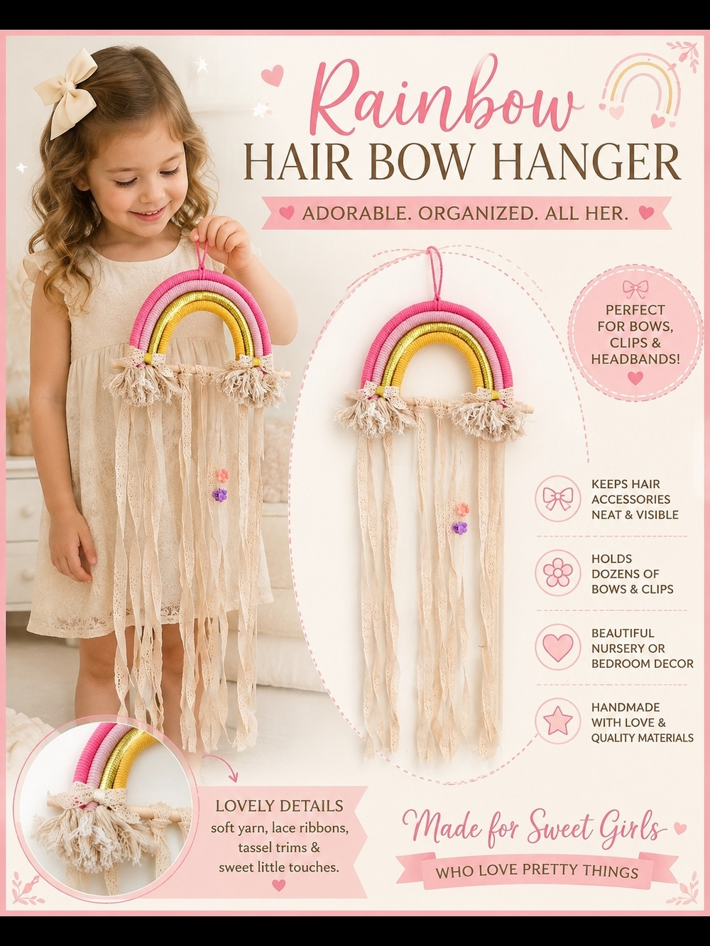 Rainbow Hair Bow Hanger for Kids - Pink, Yellow & Cream
